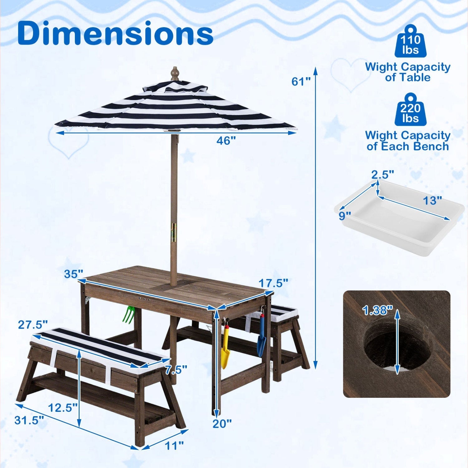 Kids Wooden Picnic Table with Umbrella & Sand/Water Bins
