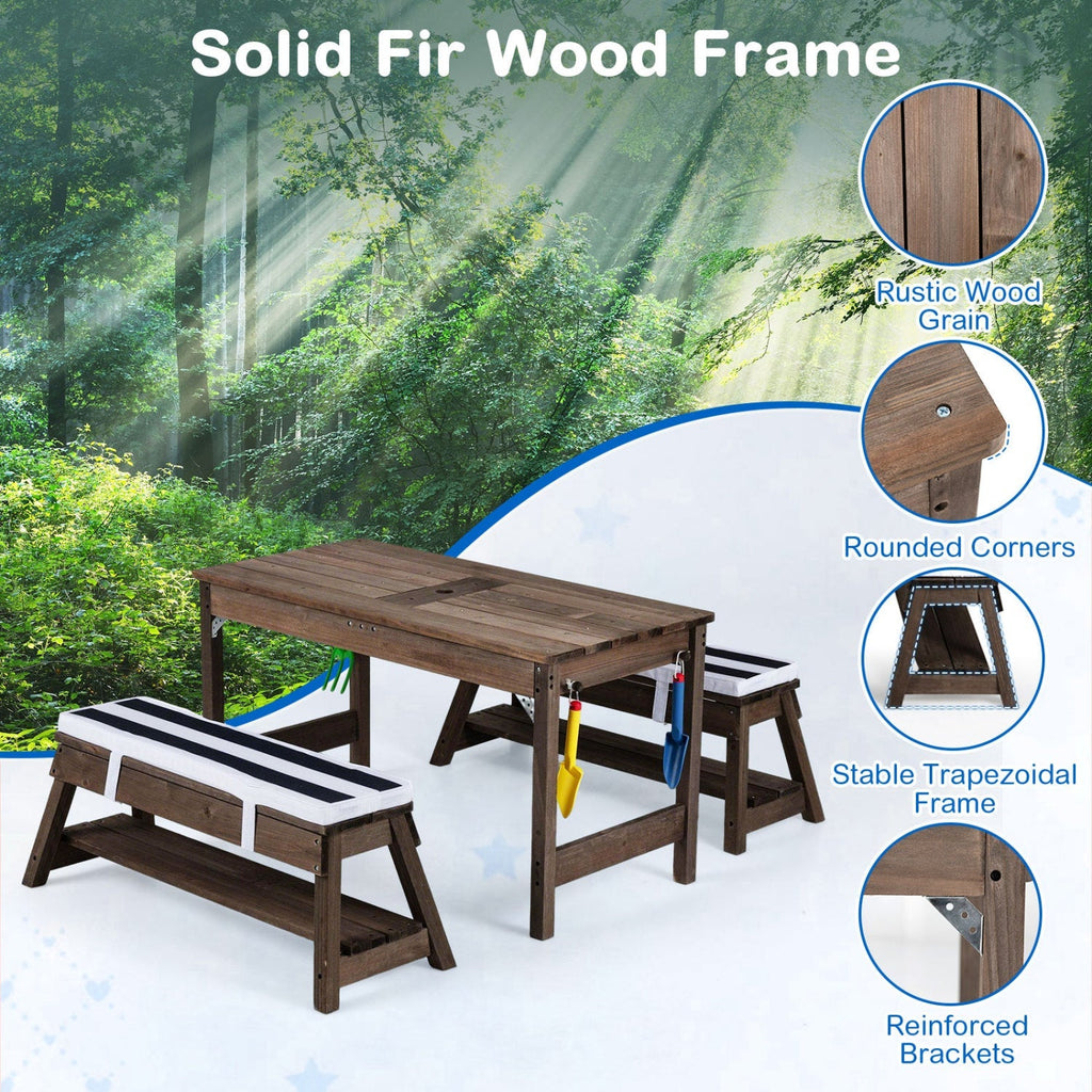 Kids Wooden Picnic Table with Umbrella & Sand/Water Bins