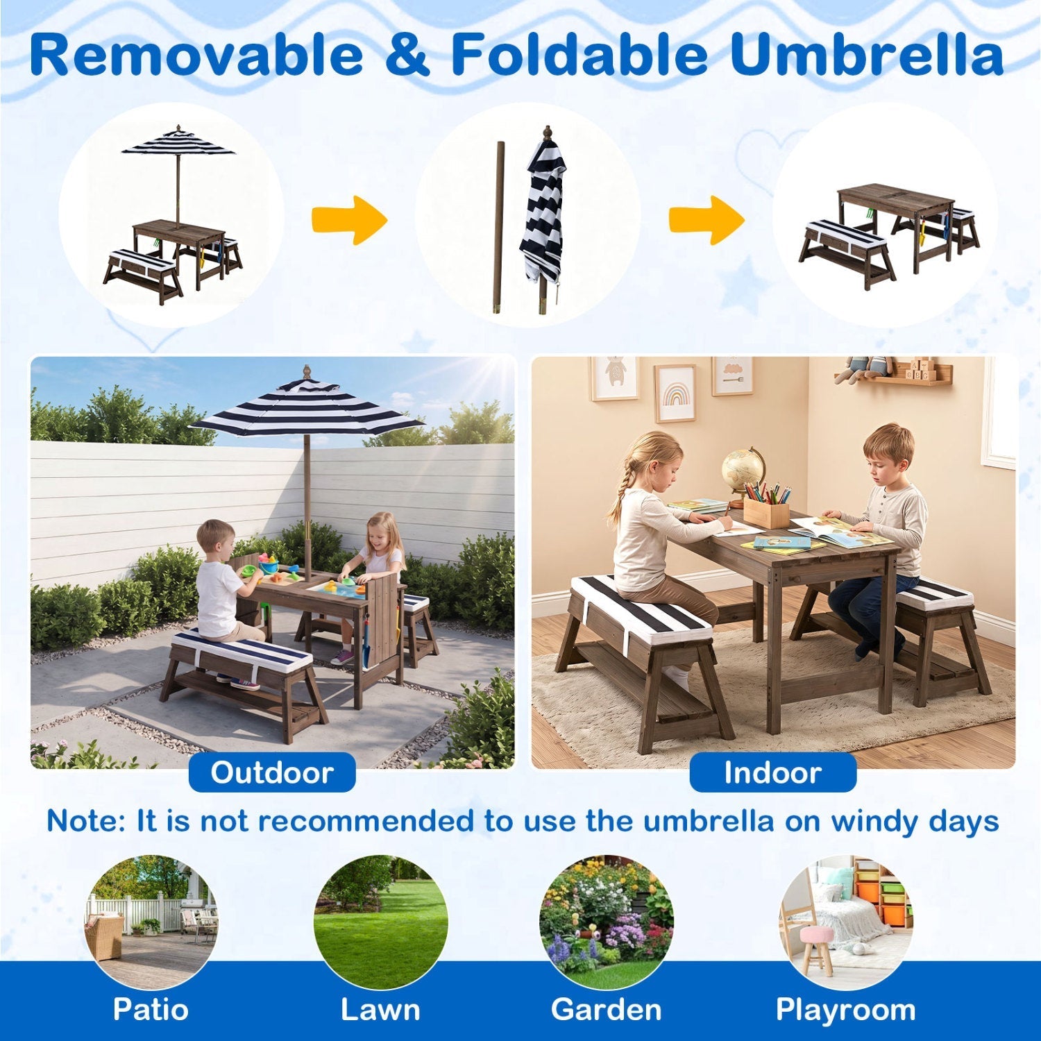 Kids Wooden Picnic Table with Umbrella & Sand/Water Bins