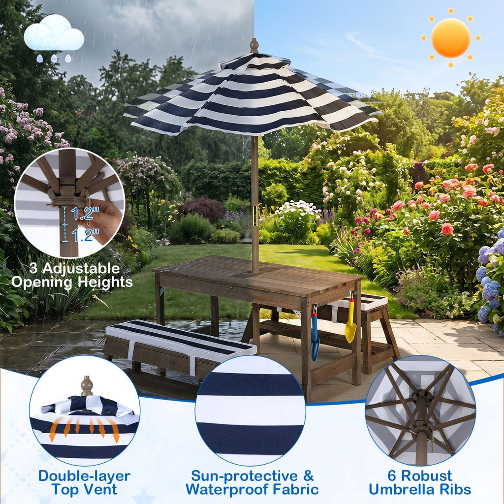 Kids Wooden Picnic Table with Umbrella & Sand/Water Bins