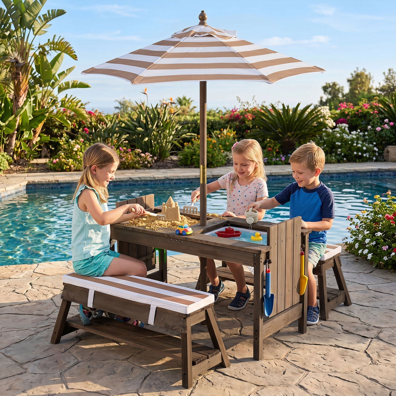 Kids Wooden Picnic Table with Umbrella & Sand/Water Bins