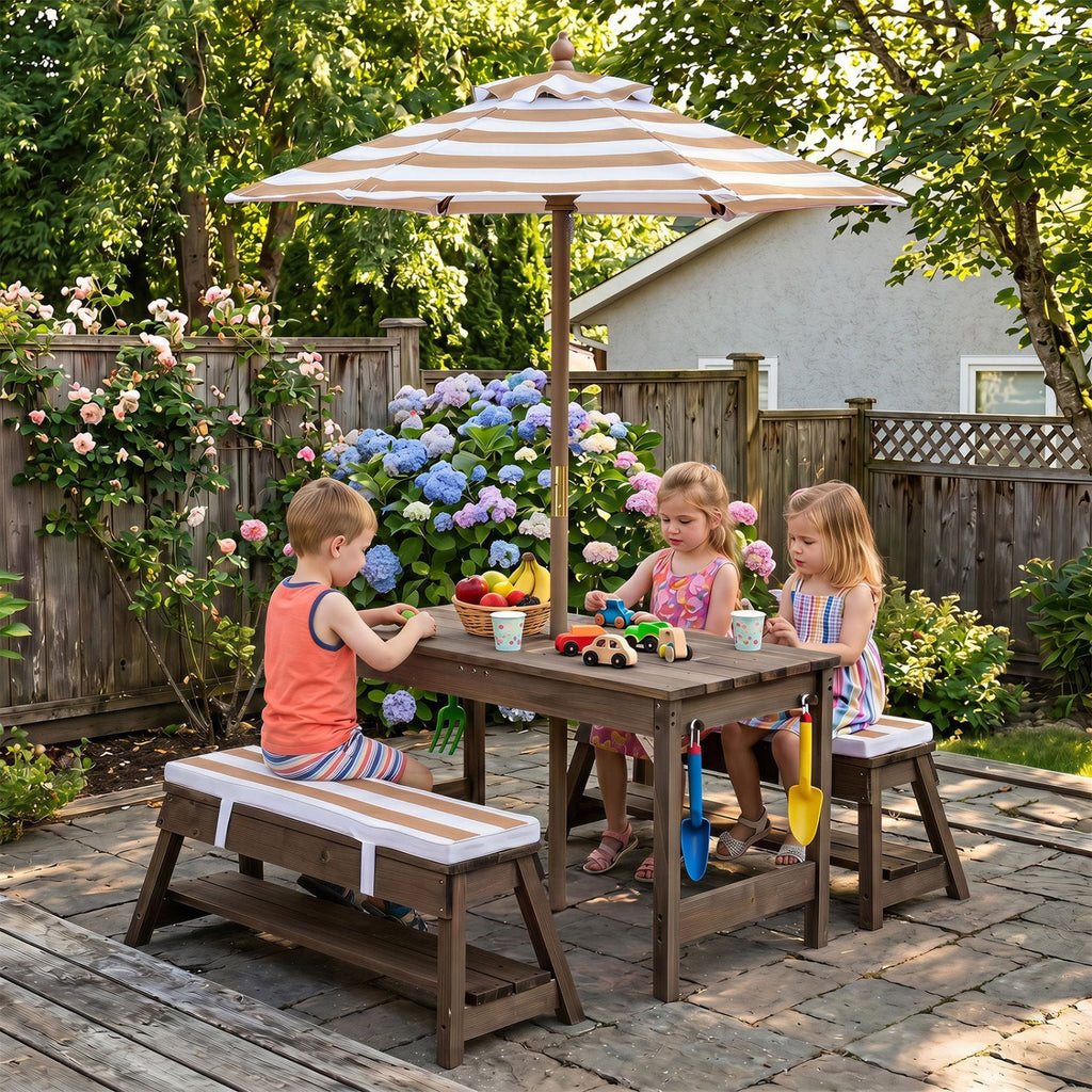 Kids Wooden Picnic Table with Umbrella & Sand/Water Bins
