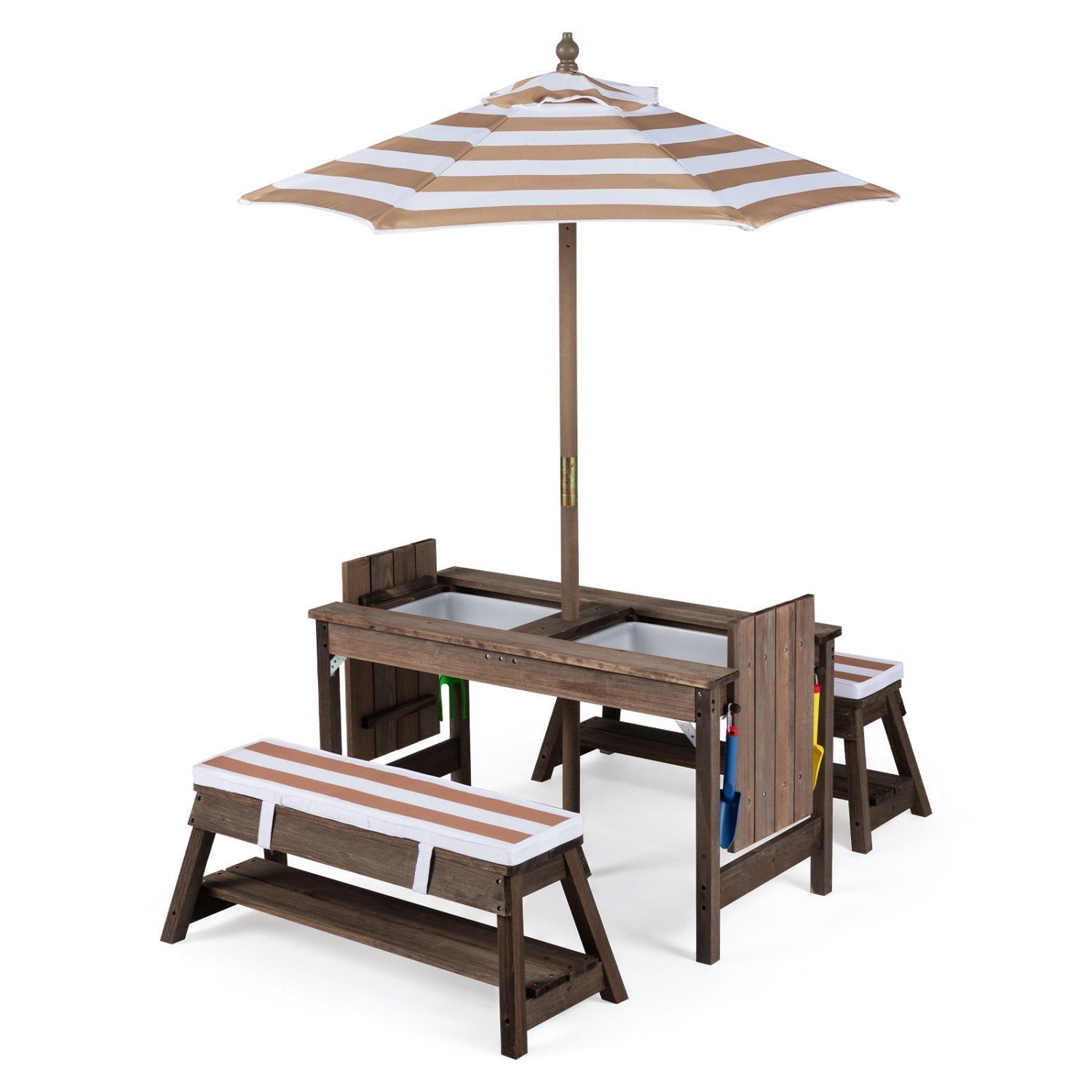 Kids Wooden Picnic Table with Umbrella & Sand/Water Bins