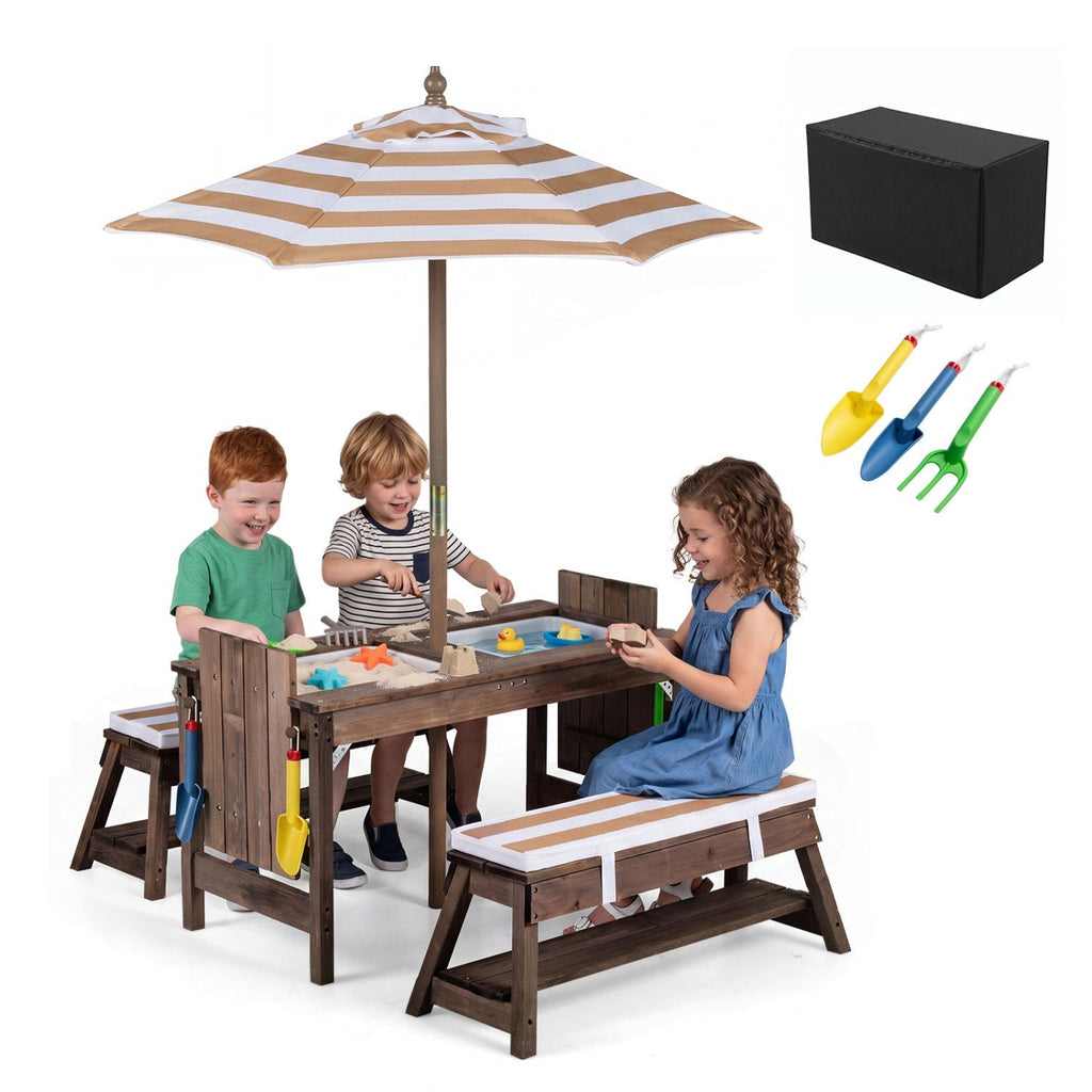 Kids Wooden Picnic Table with Umbrella & Sand/Water Bins