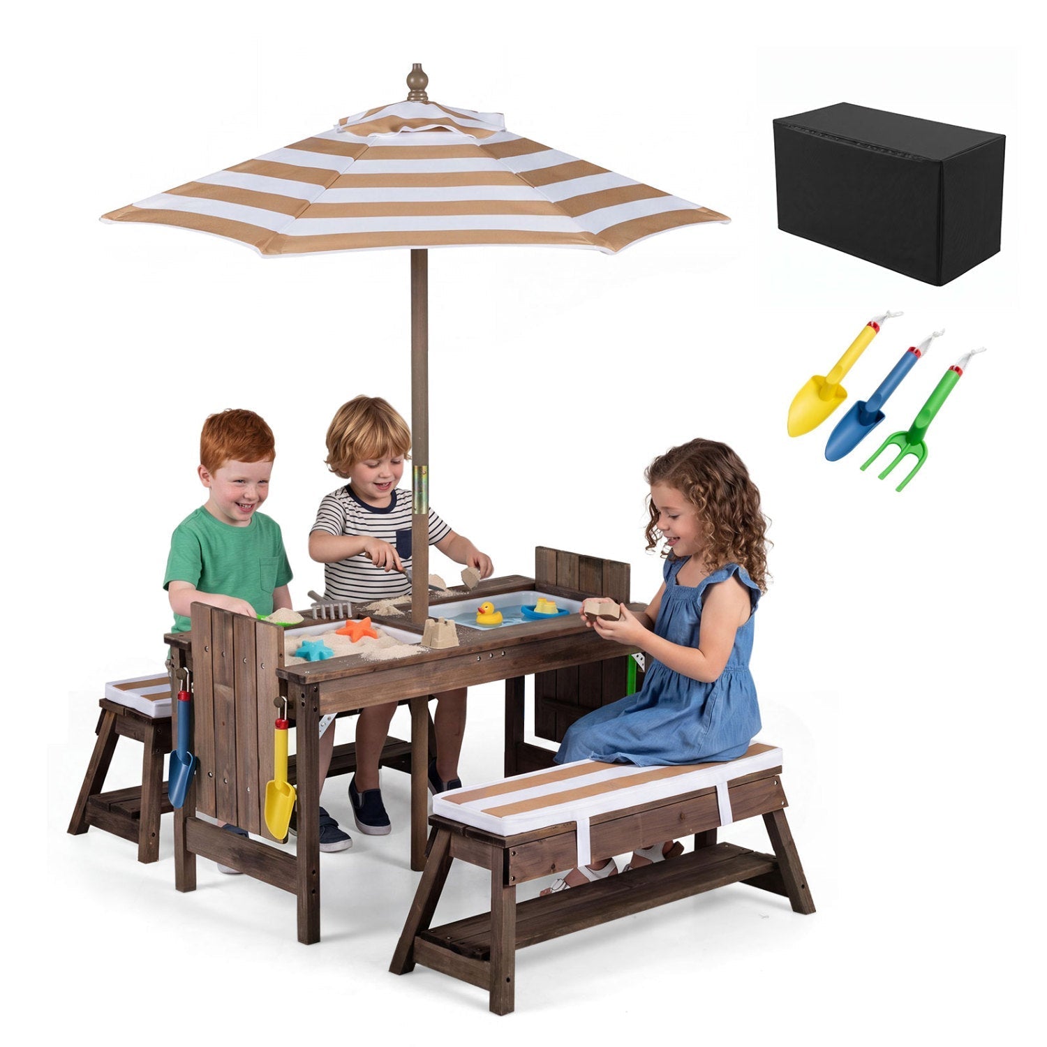 Kids Wooden Picnic Table with Umbrella & Sand/Water Bins