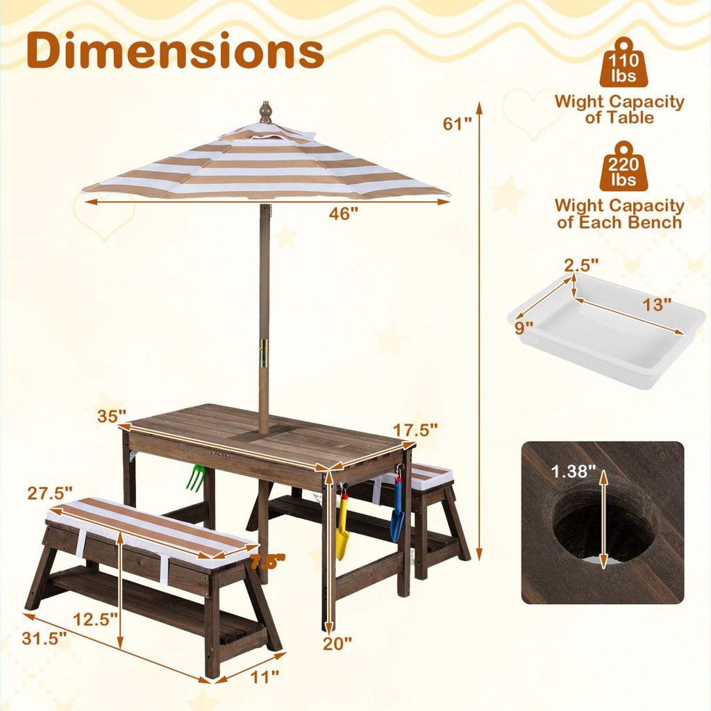 Kids Wooden Picnic Table with Umbrella & Sand/Water Bins