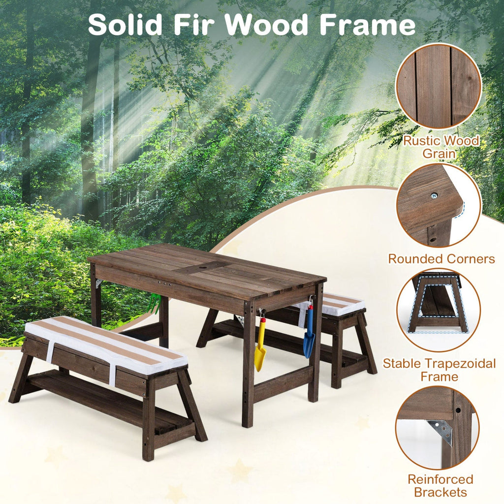 Kids Wooden Picnic Table with Umbrella & Sand/Water Bins
