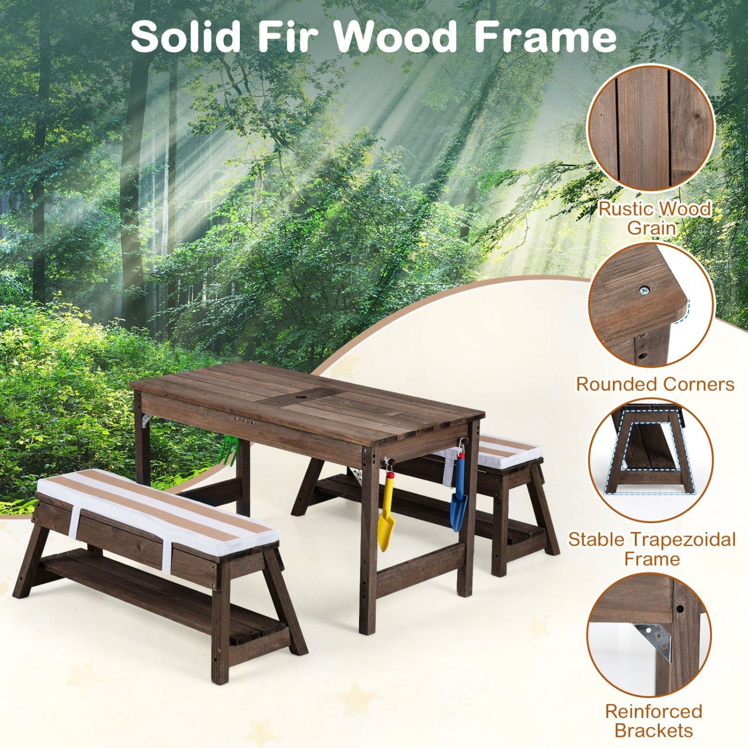 Kids Wooden Picnic Table with Umbrella & Sand/Water Bins