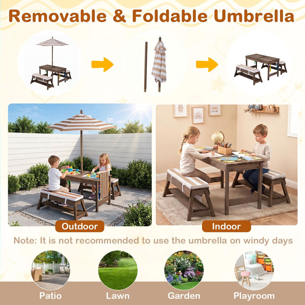 Kids Wooden Picnic Table with Umbrella & Sand/Water Bins