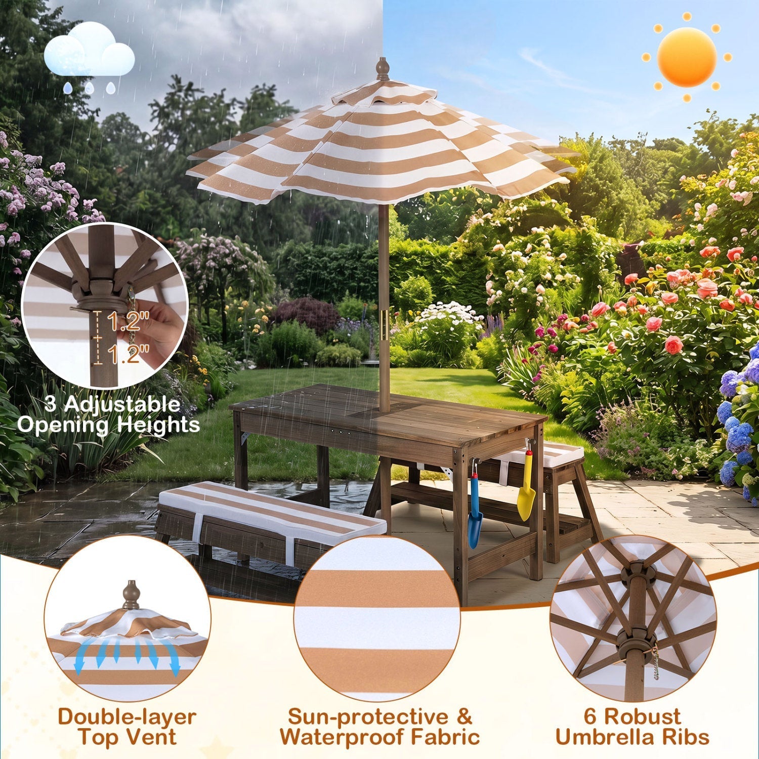 Kids Wooden Picnic Table with Umbrella & Sand/Water Bins