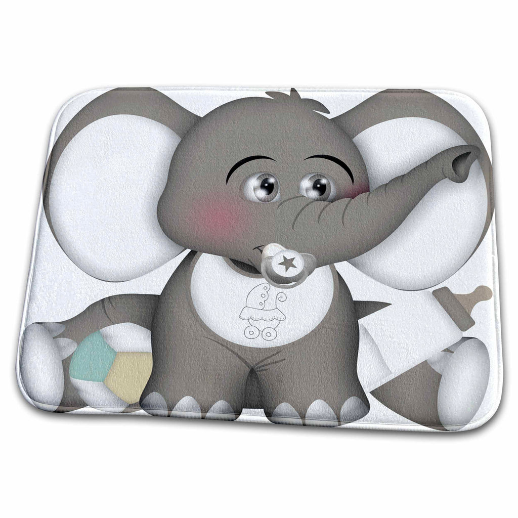Dish Drying Mat - Cute Gray and White Baby Elephant With A Pacifier, Bib, and Bottle Animals