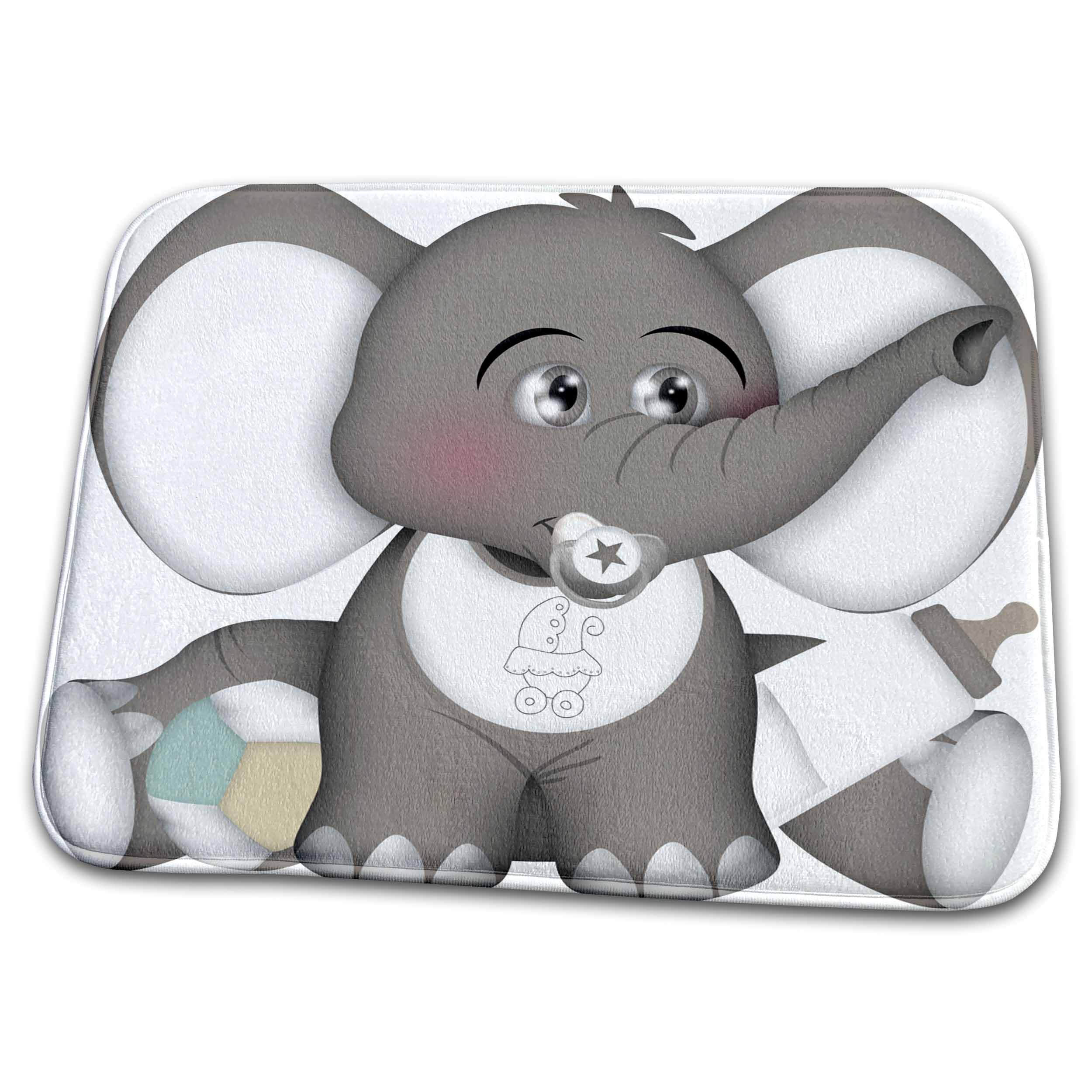 Dish Drying Mat - Cute Gray and White Baby Elephant With A Pacifier, Bib, and Bottle Animals