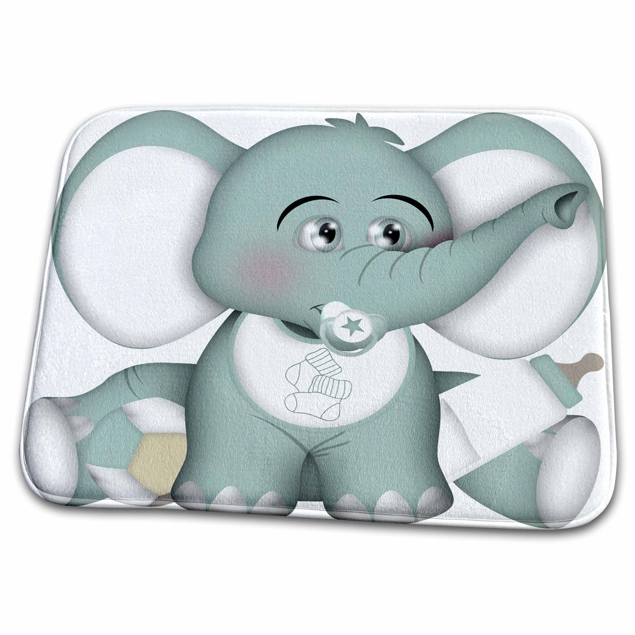 Dish Drying Mat - Cute Teal and White Baby Elephant With Pacifier and Bib Illustration Animals