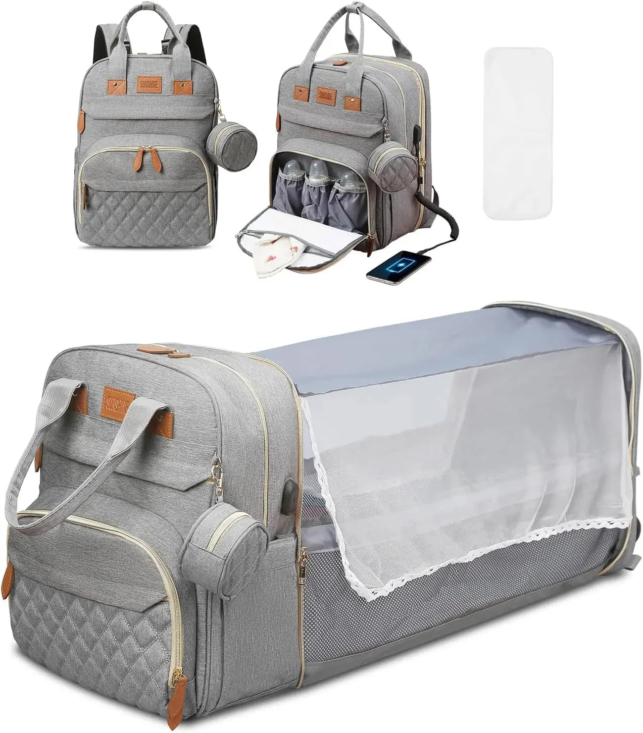 3 in 1 Diaper Bag Backpack with Foldable Baby Bed & USB