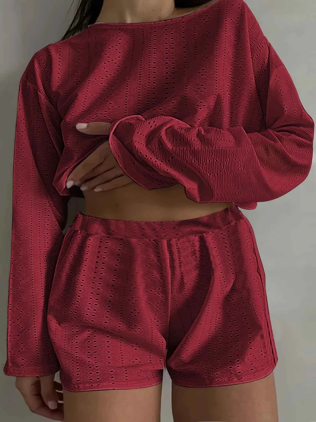 Plus-Size Eyelet Long-Sleeve Top & Shorts Set