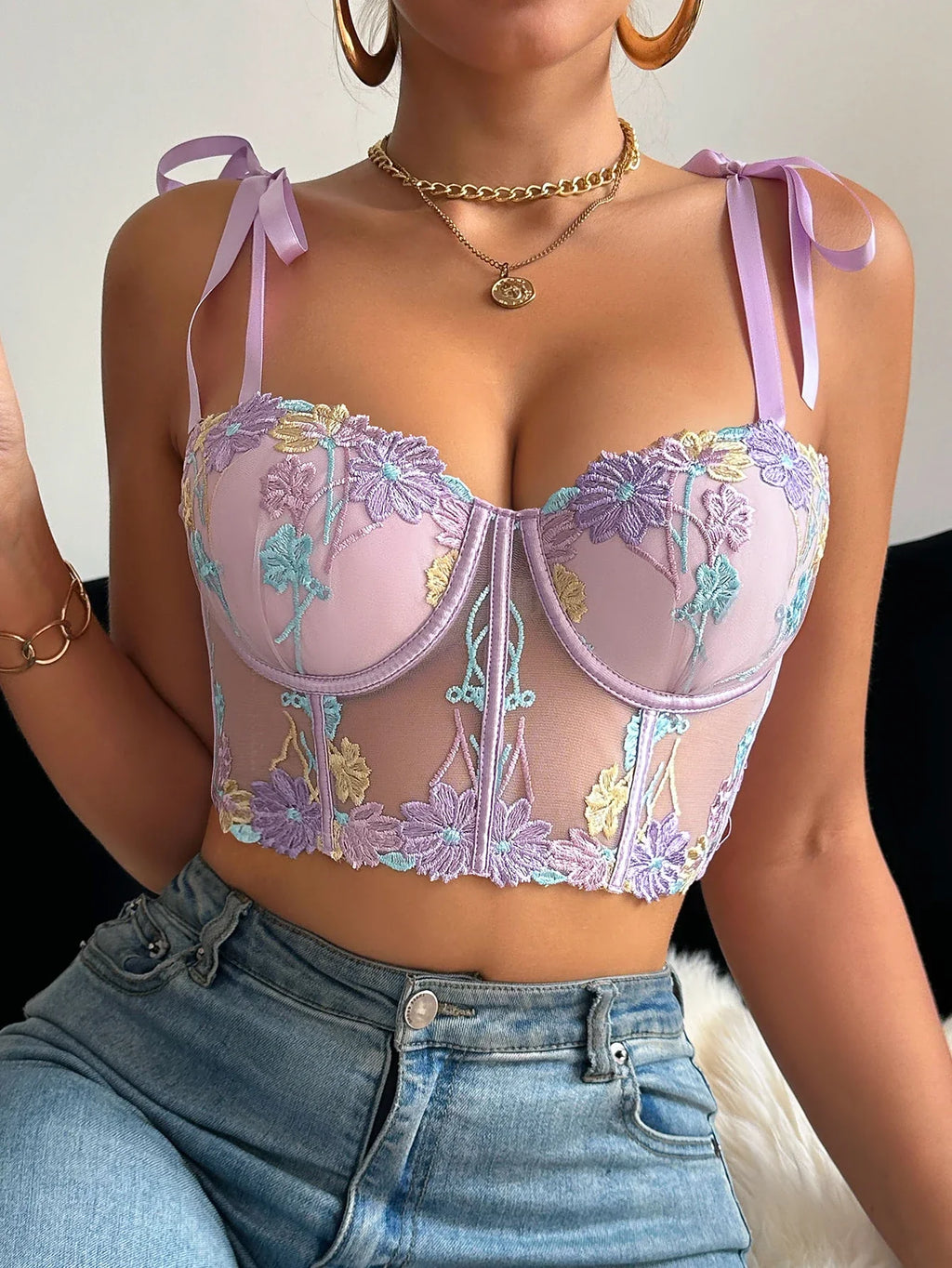 Floral Embroidered Mesh Bustier Bra