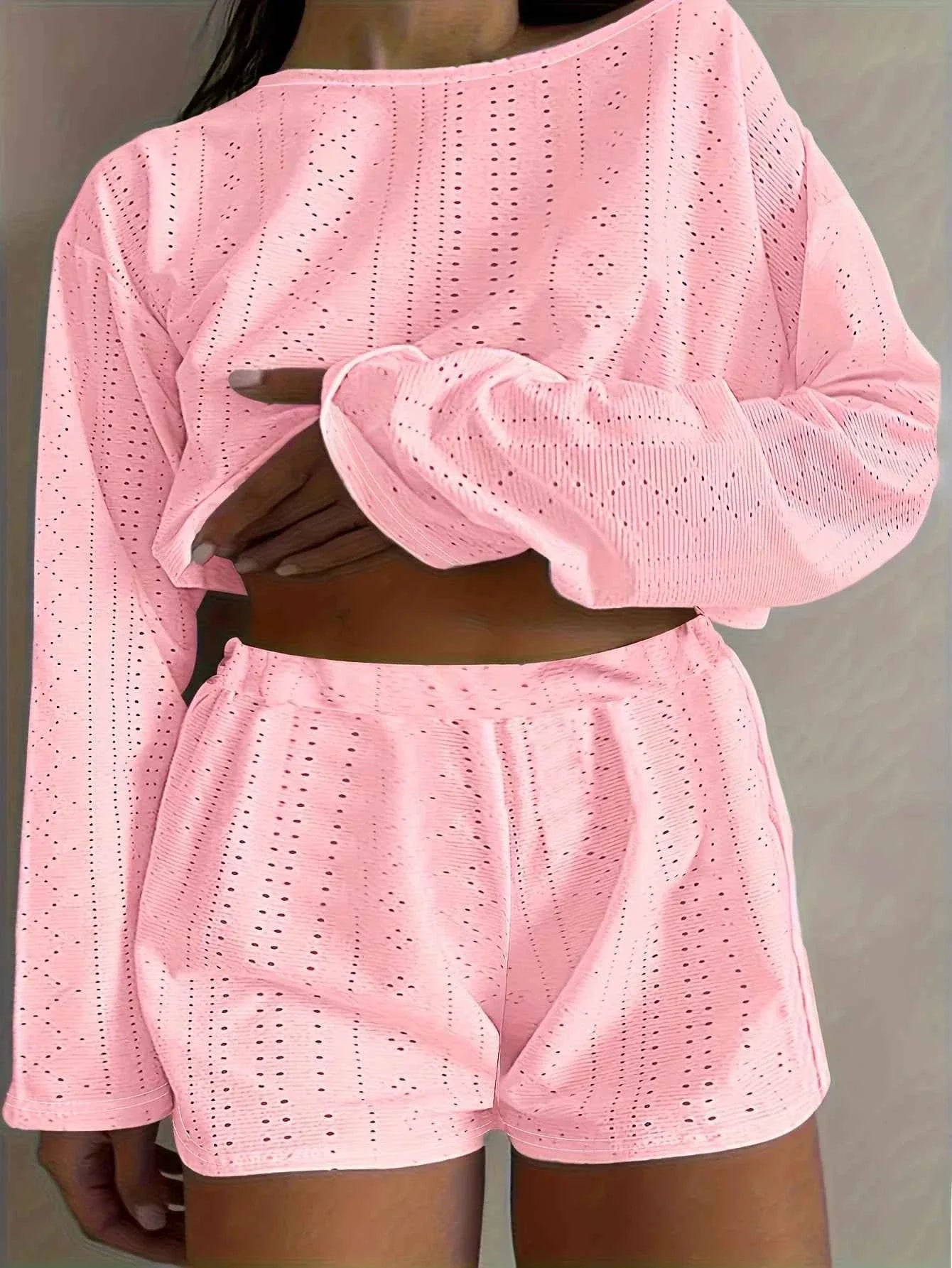 Plus-Size Eyelet Long-Sleeve Top & Shorts Set