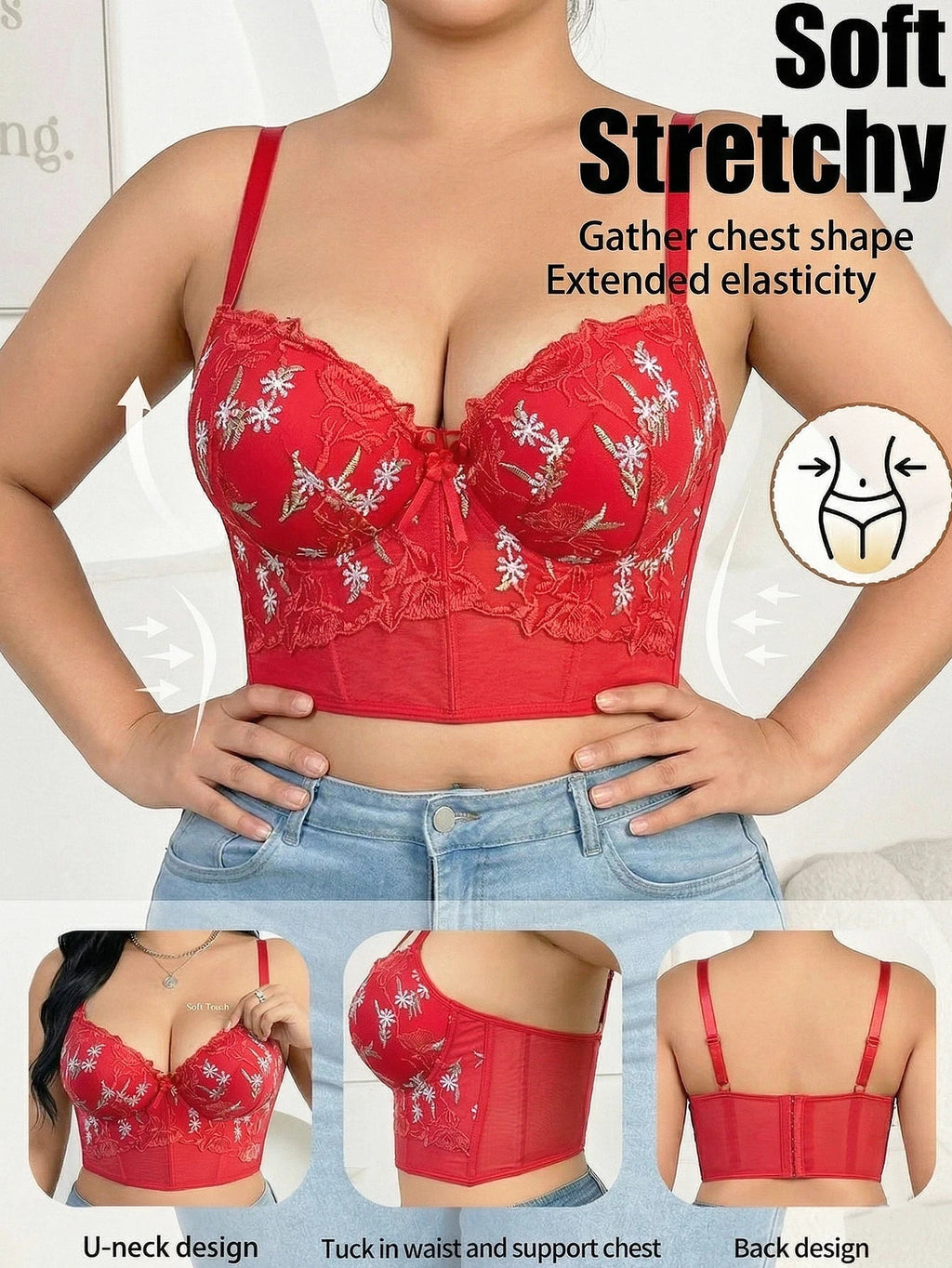 Floral Embroidery Longline Support Bra