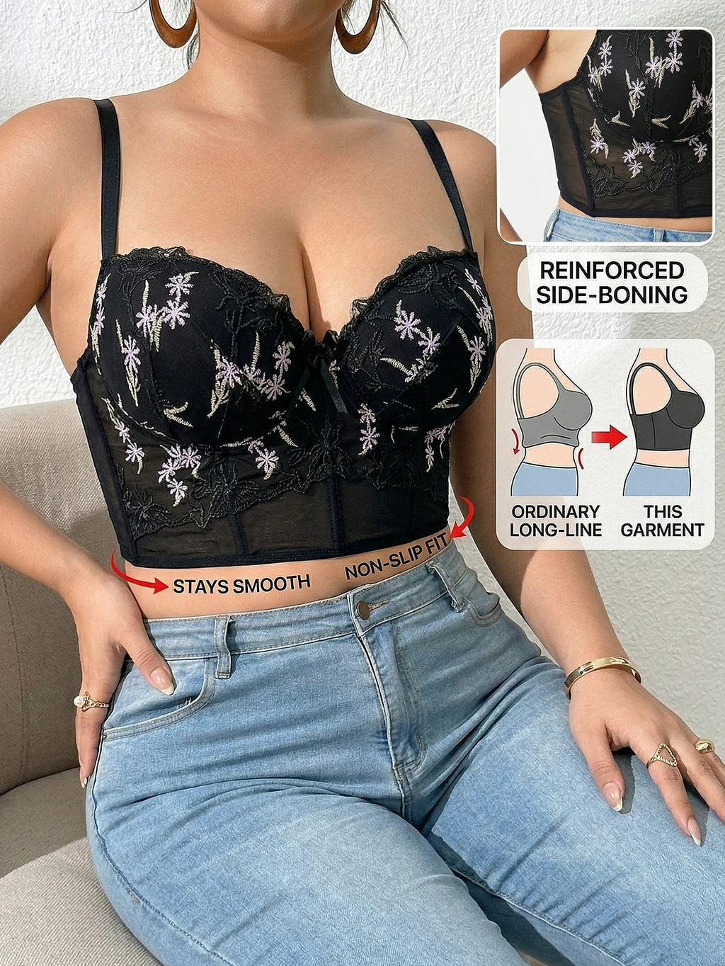 Floral Embroidery Longline Support Bra