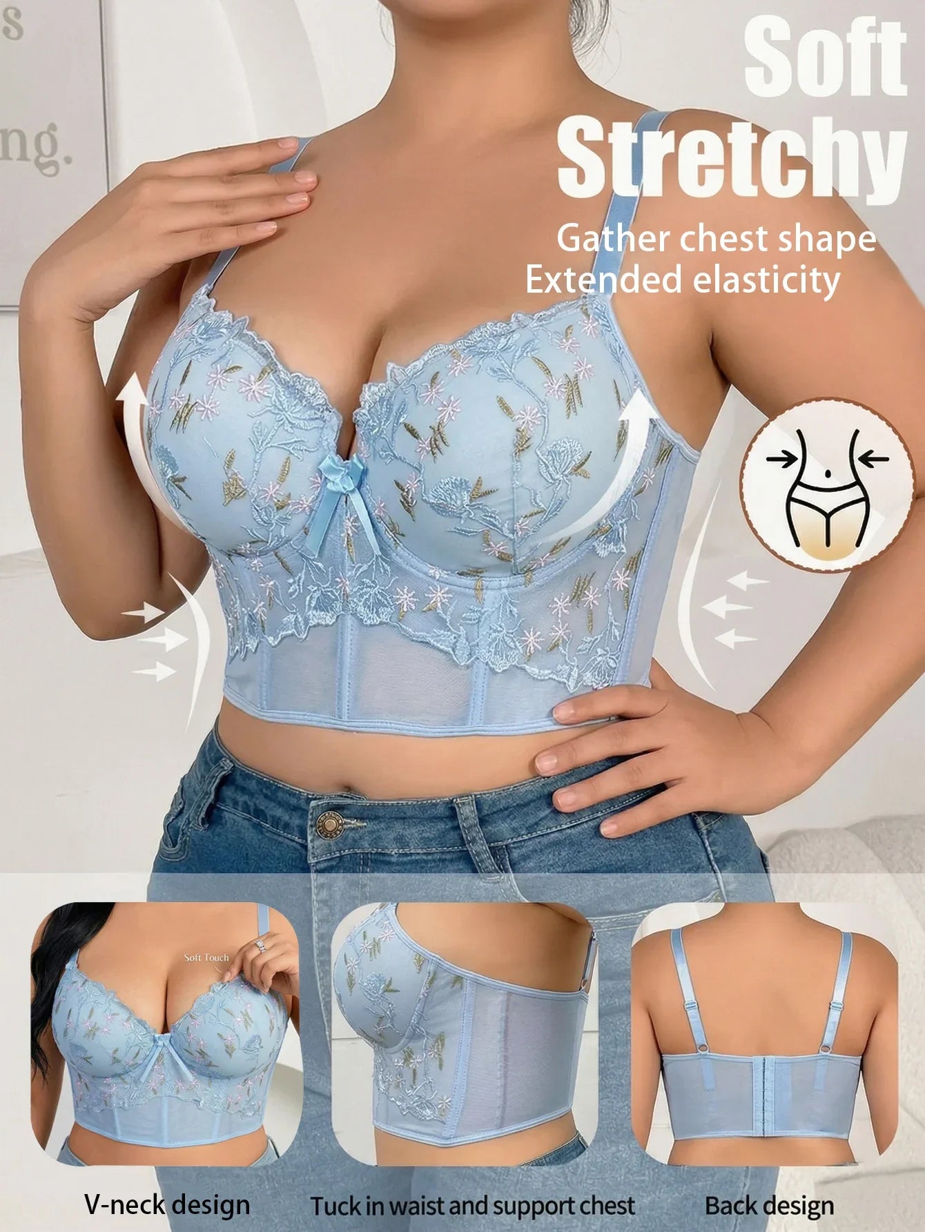 Floral Embroidery Longline Support Bra