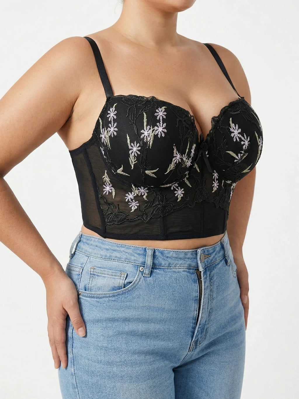 Floral Embroidery Longline Support Bra