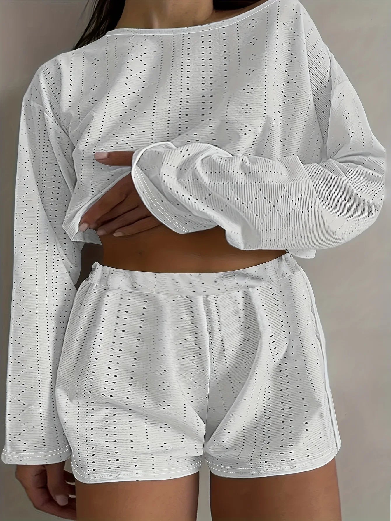 Plus-Size Eyelet Long-Sleeve Top & Shorts Set