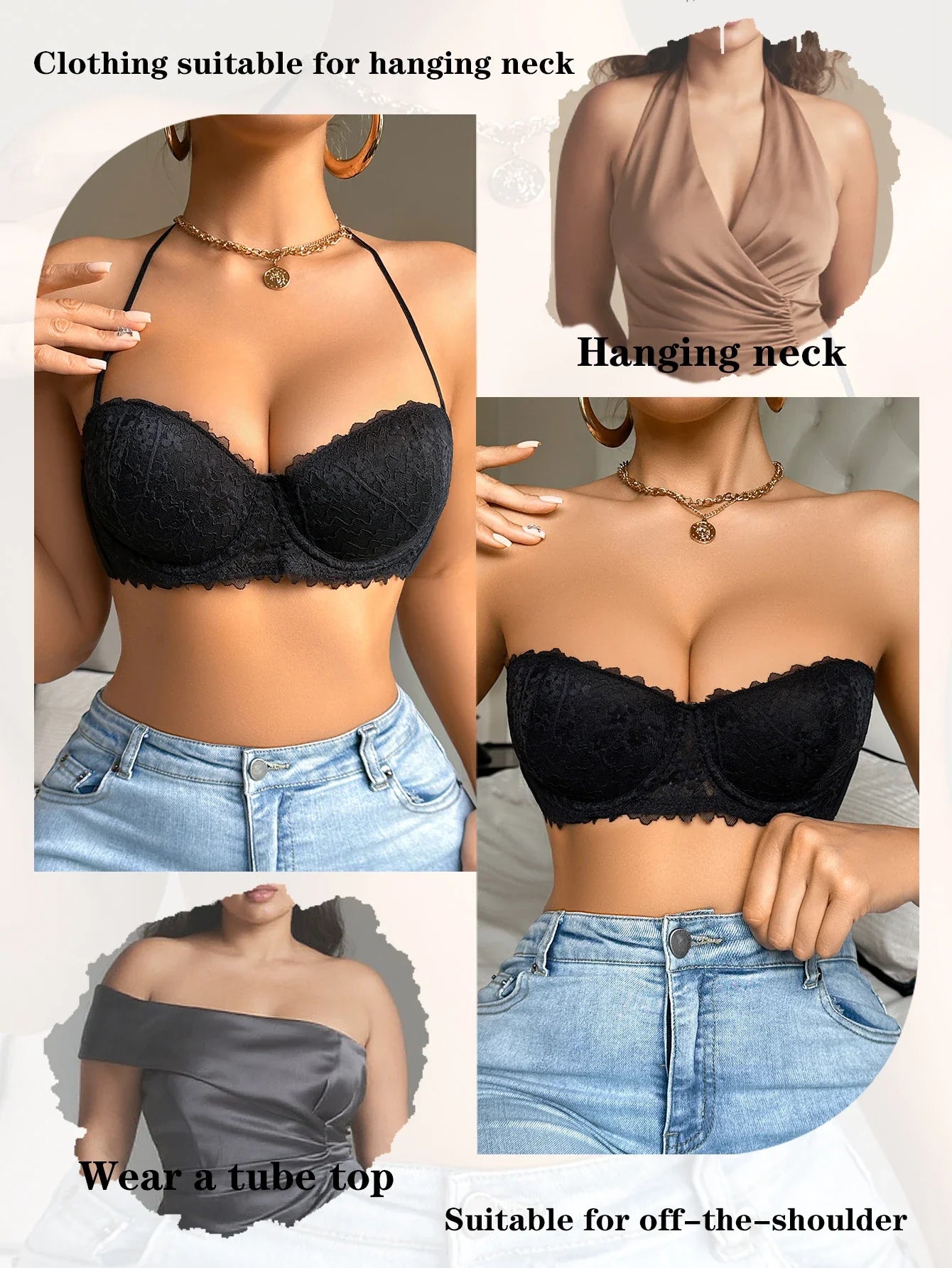 Strapless Lace Push-Up Bra with Detachable Straps