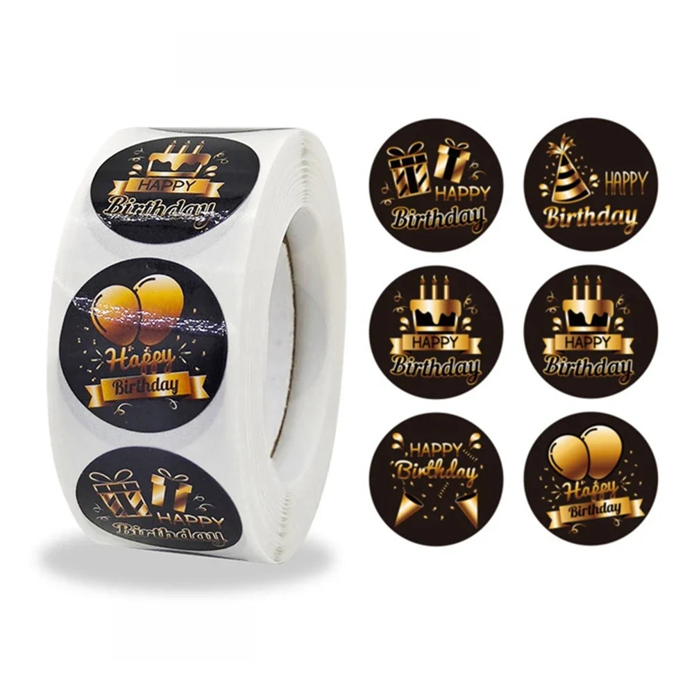 Black & Gold Happy Birthday Stickers – 100–500 Pack