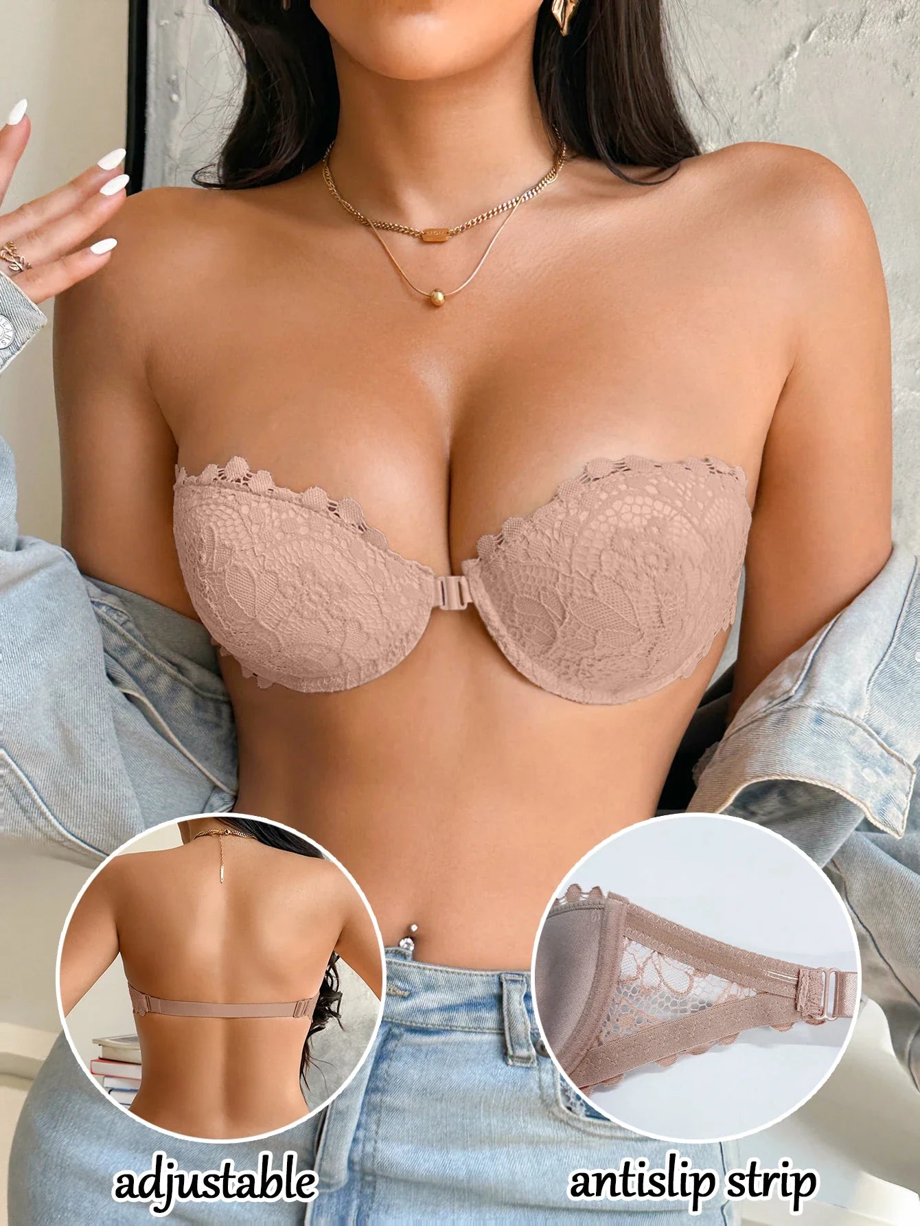 Lace Strapless Front-Clasp Push-Up Bra