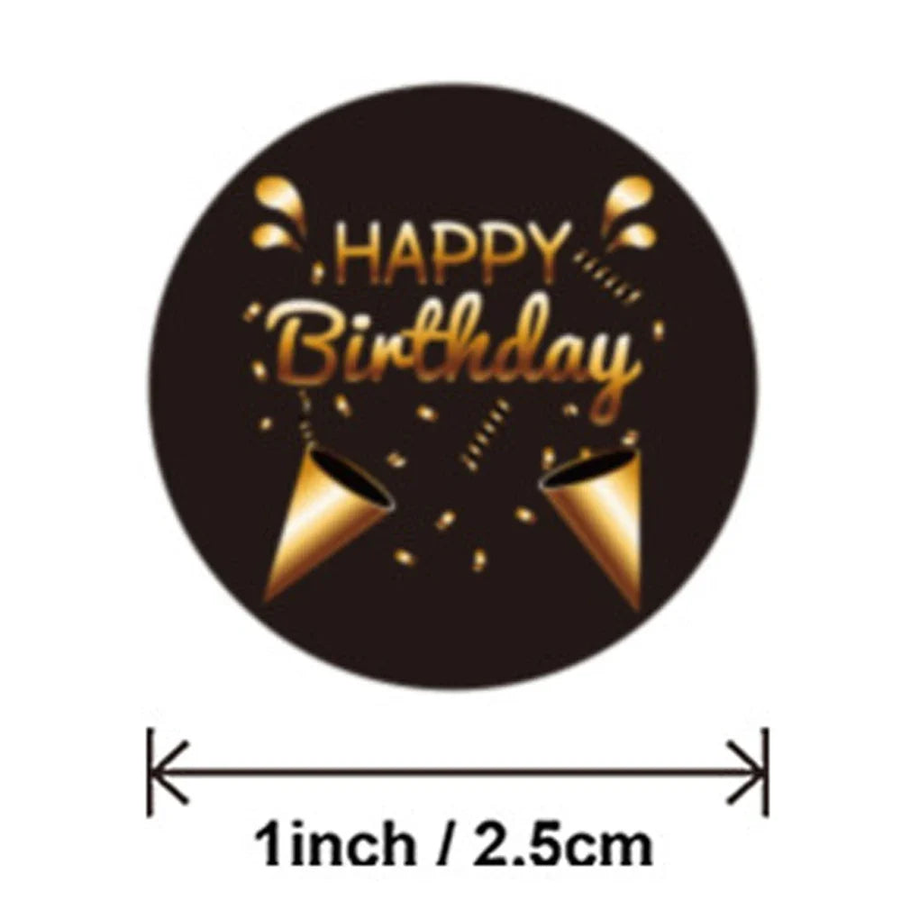 Black & Gold Happy Birthday Stickers – 100–500 Pack