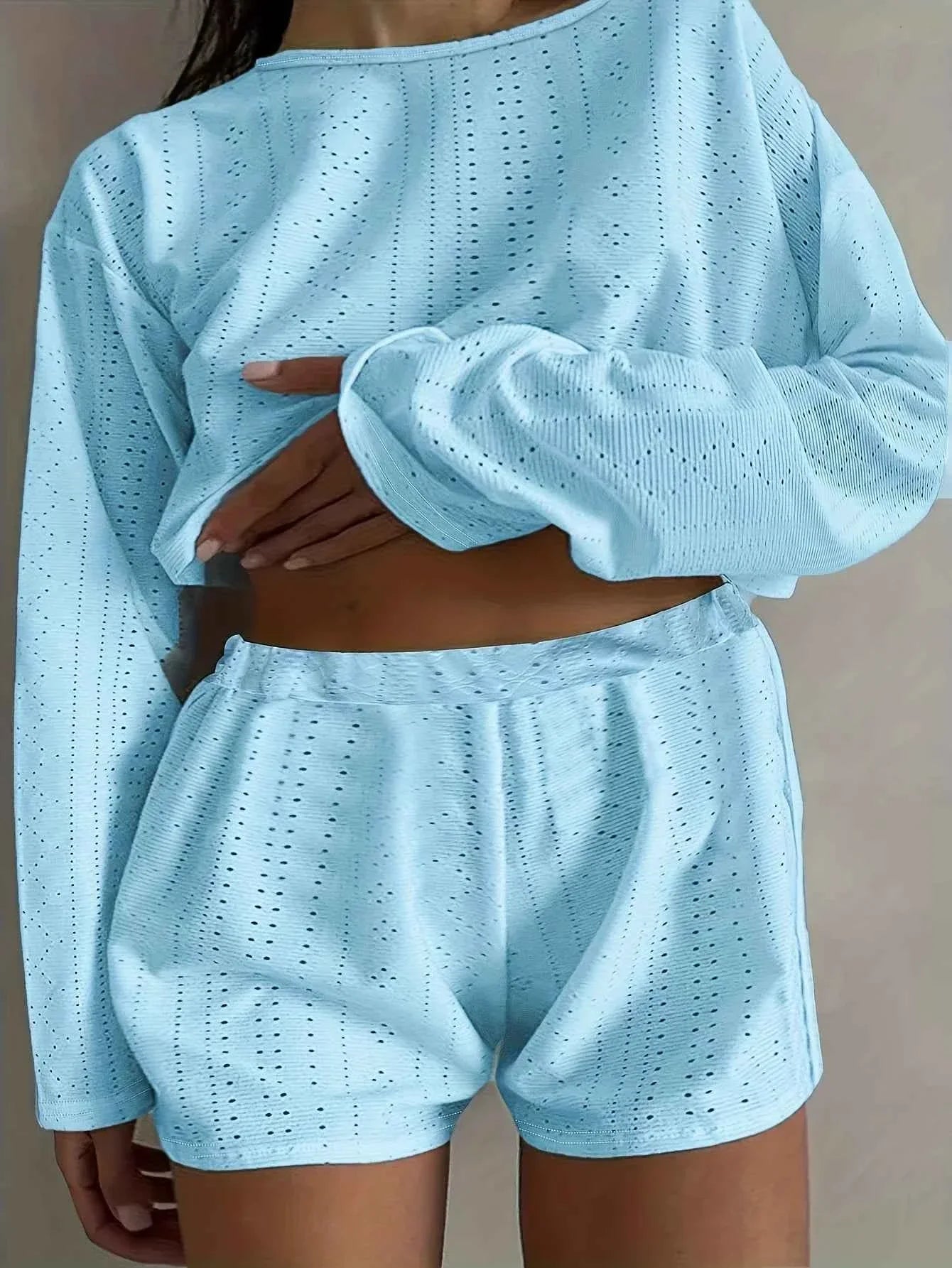 Plus-Size Eyelet Long-Sleeve Top & Shorts Set