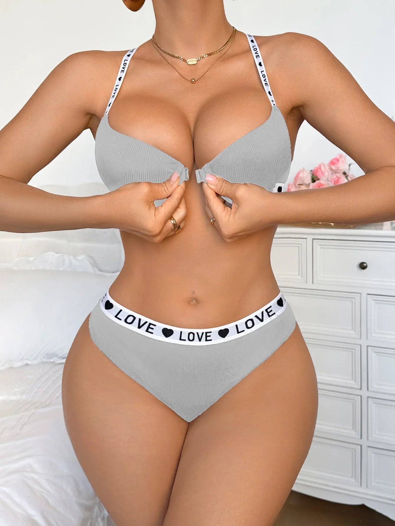 Ribbed Front-Closure Bra & Brief Set