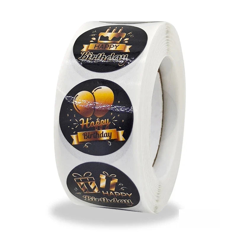 Black & Gold Happy Birthday Stickers – 100–500 Pack