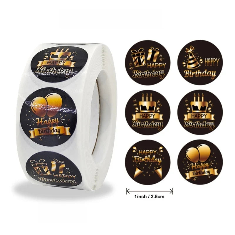 Black & Gold Happy Birthday Stickers – 100–500 Pack