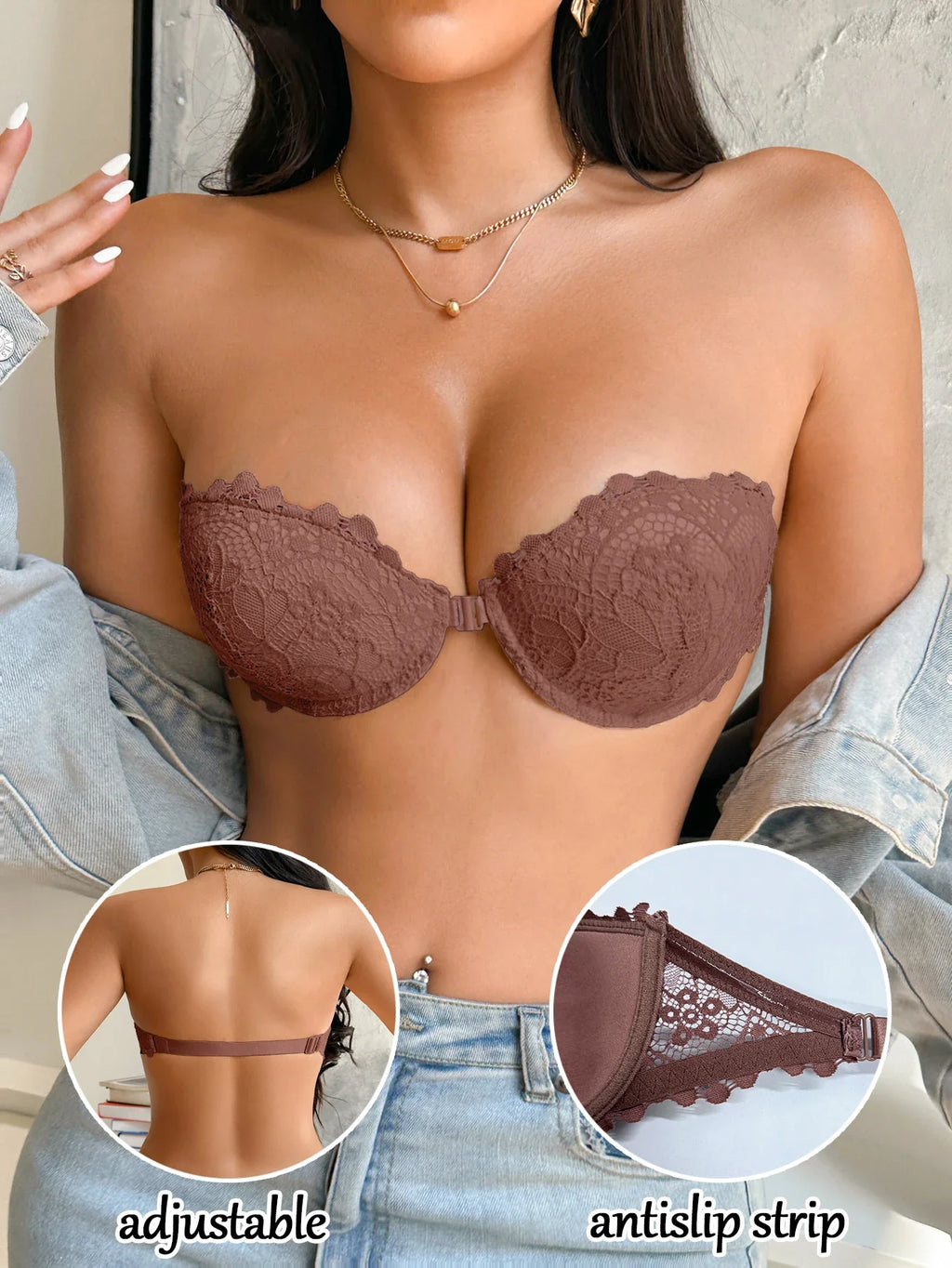 Lace Strapless Front-Clasp Push-Up Bra