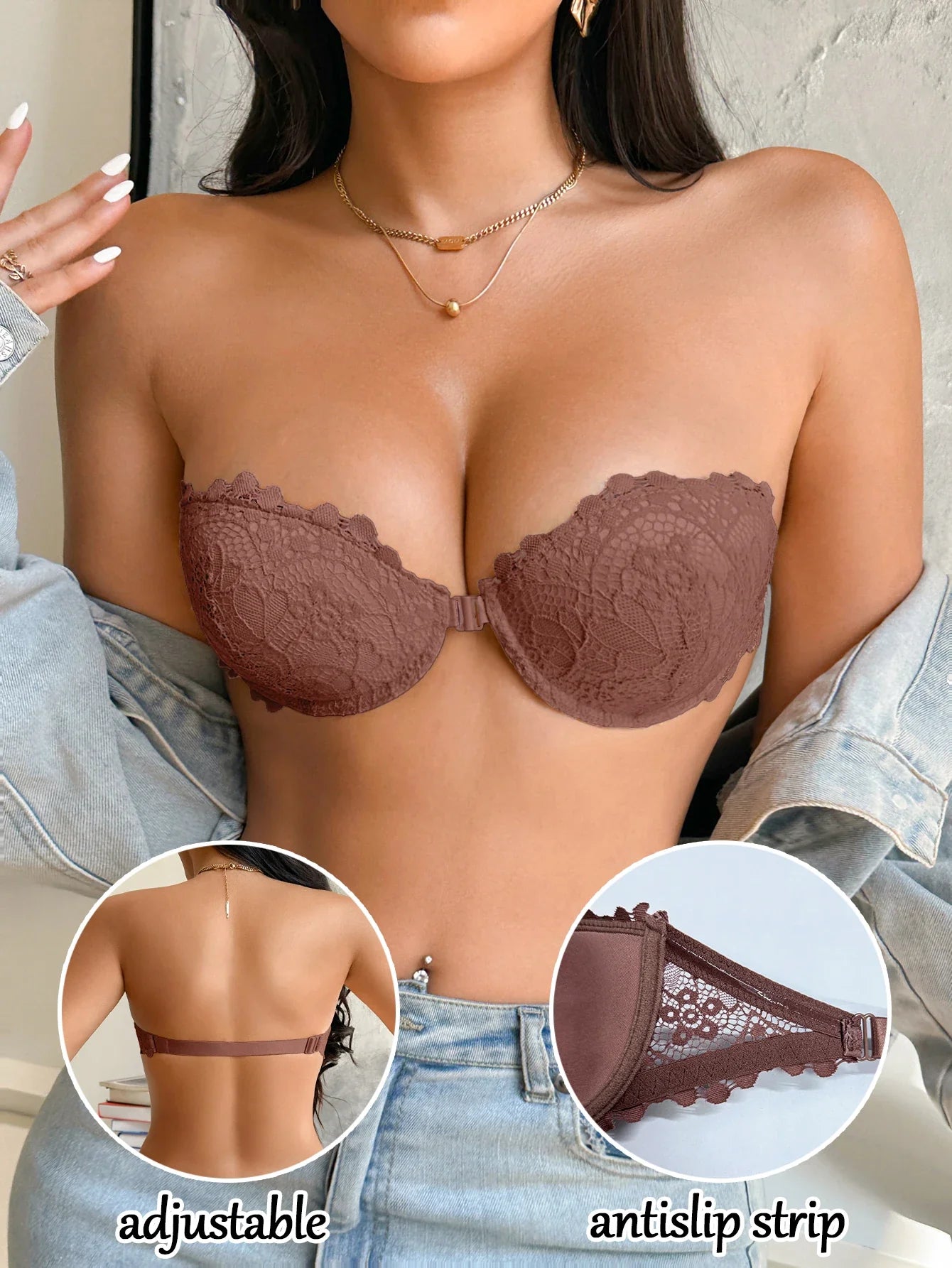 Lace Strapless Front-Clasp Push-Up Bra