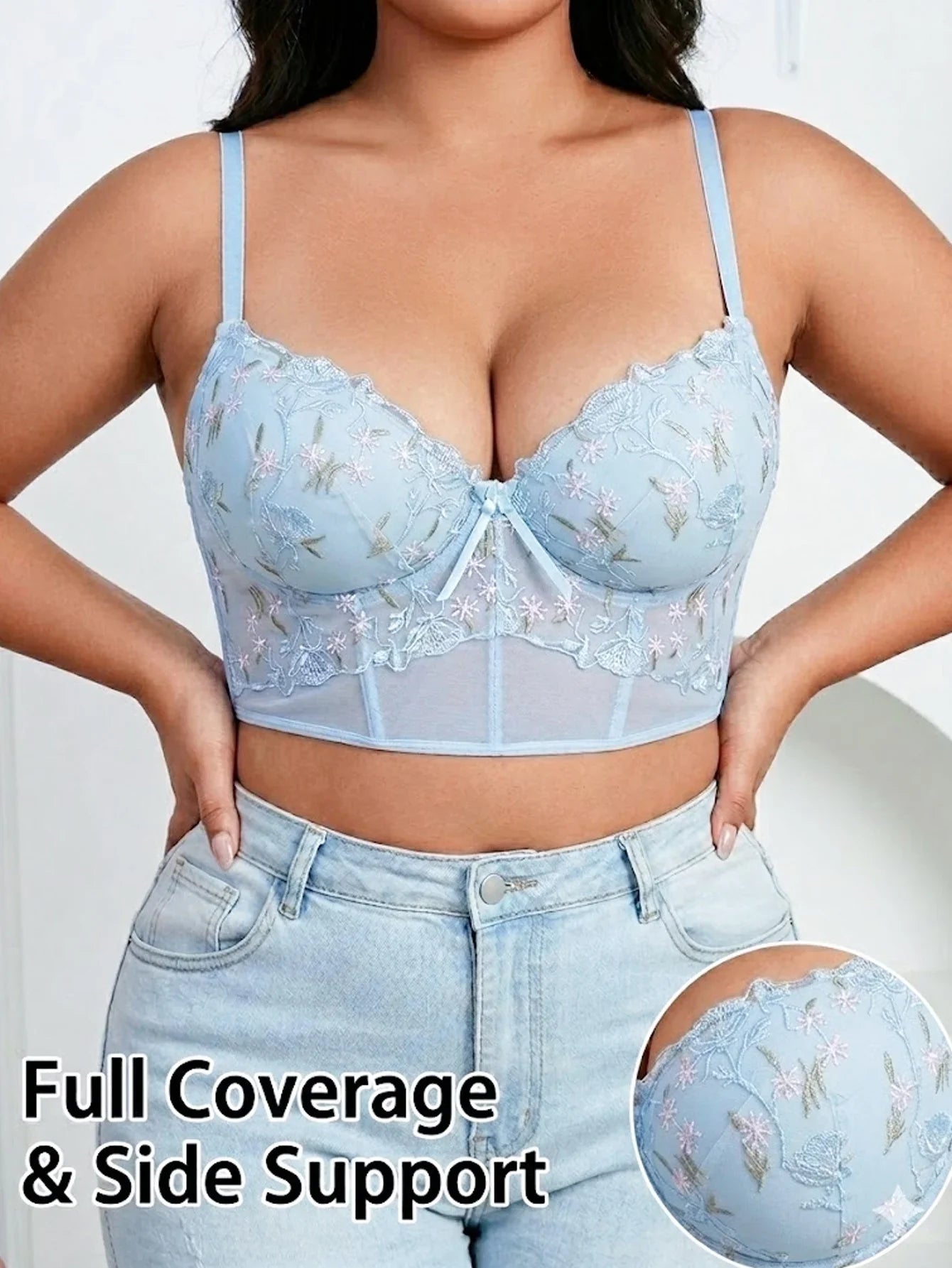 Floral Embroidery Longline Support Bra