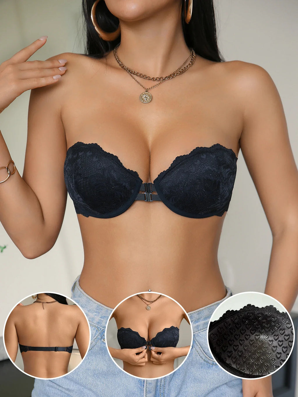 Strapless Lace Front-Closure Push-Up Bra