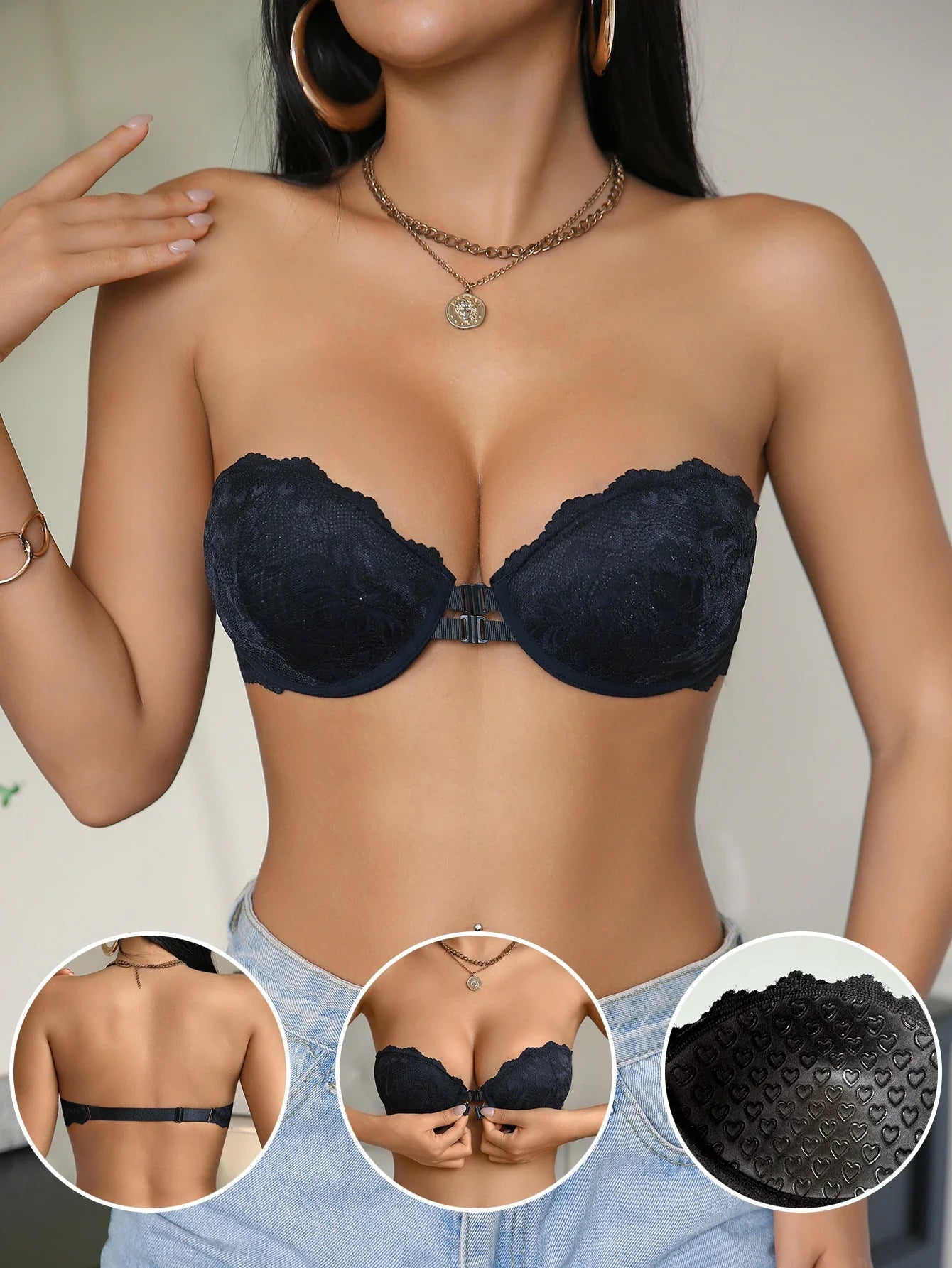 Strapless Lace Front-Closure Push-Up Bra