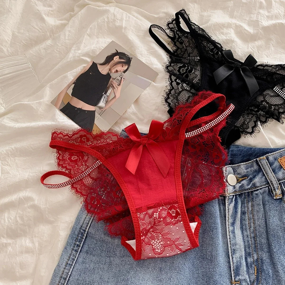 Rhinestone Lace Thong