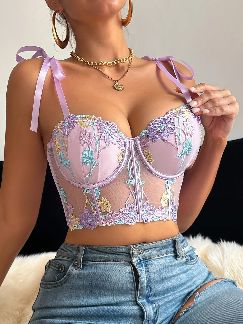 Floral Embroidered Mesh Bustier Bra