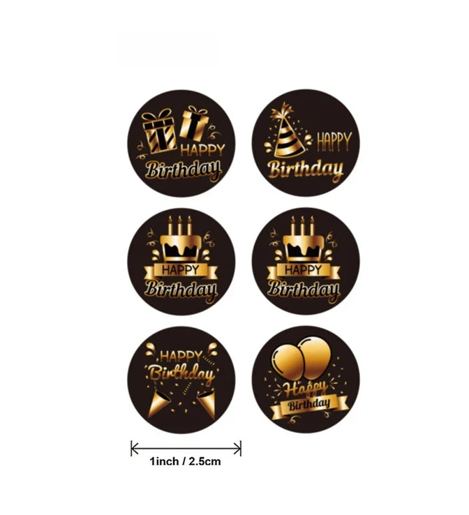 Black & Gold Happy Birthday Stickers – 100–500 Pack