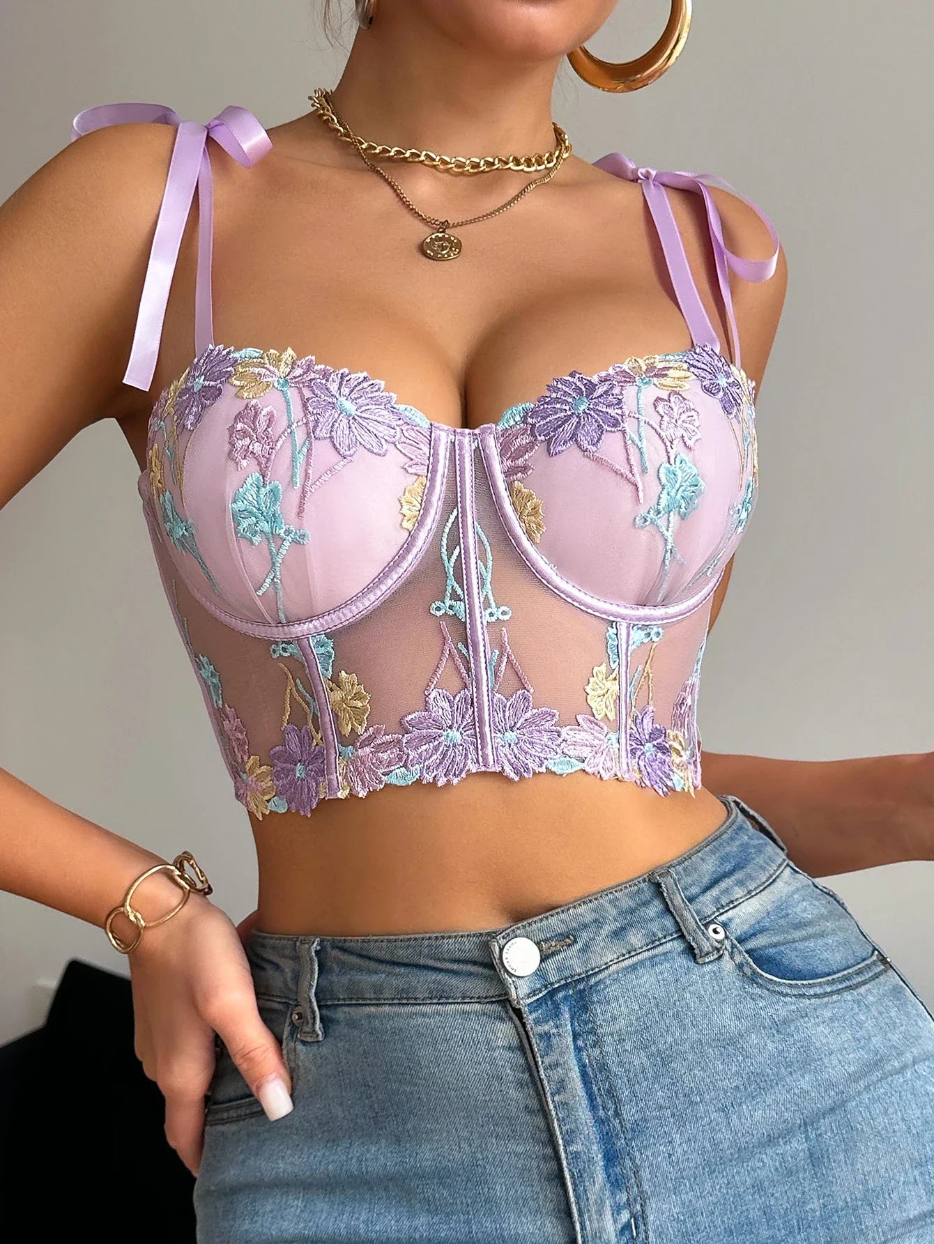 Floral Embroidered Mesh Bustier Bra
