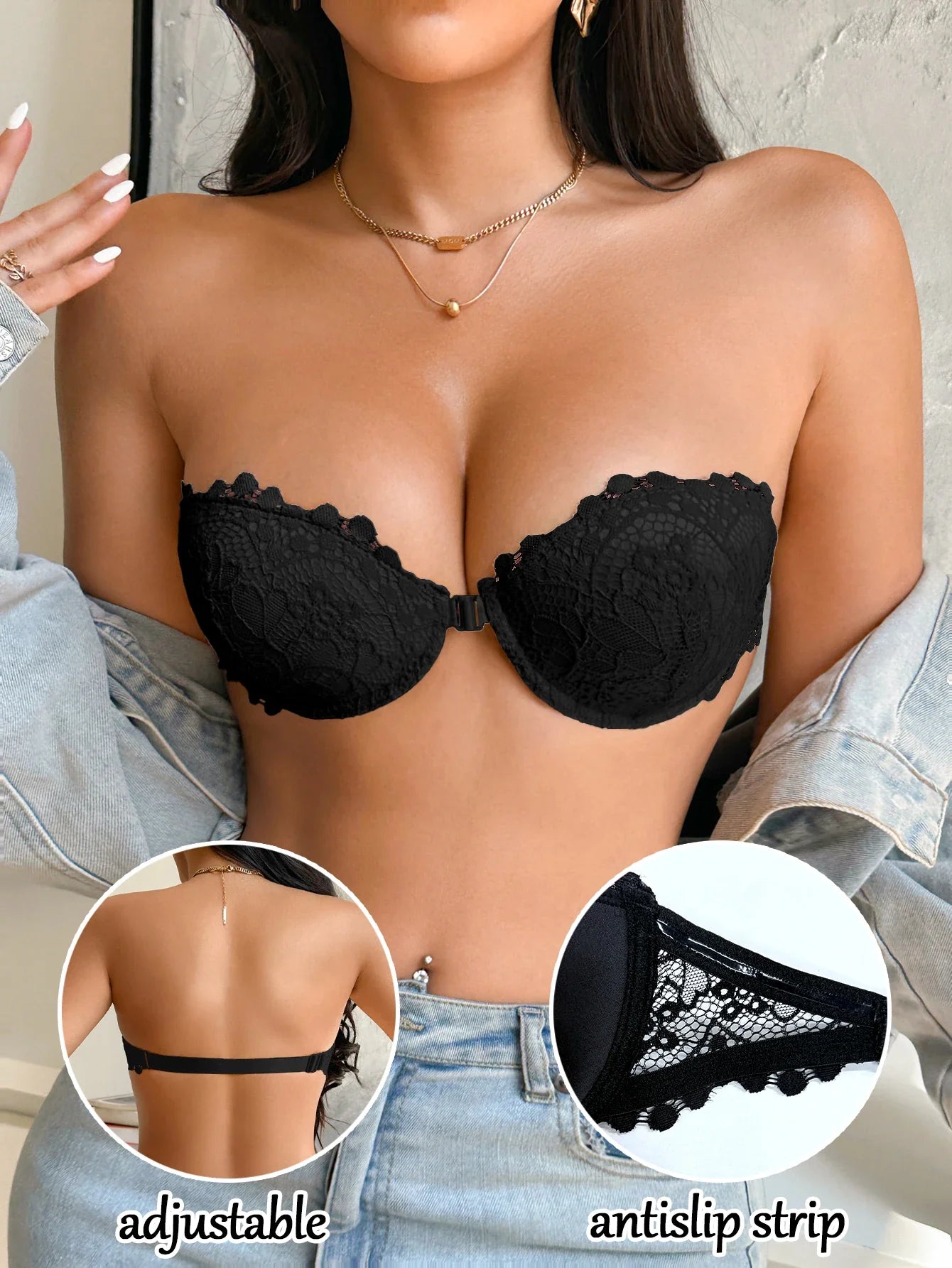 Lace Strapless Front-Clasp Push-Up Bra