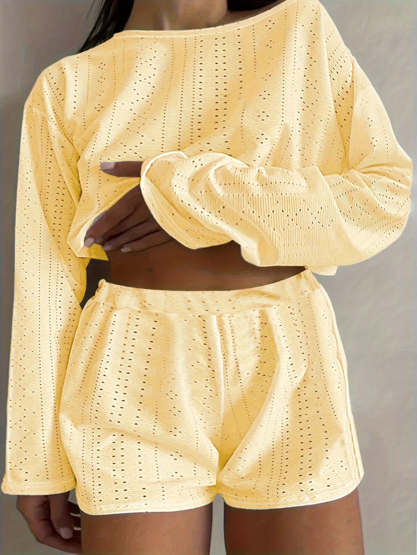 Plus-Size Eyelet Long-Sleeve Top & Shorts Set