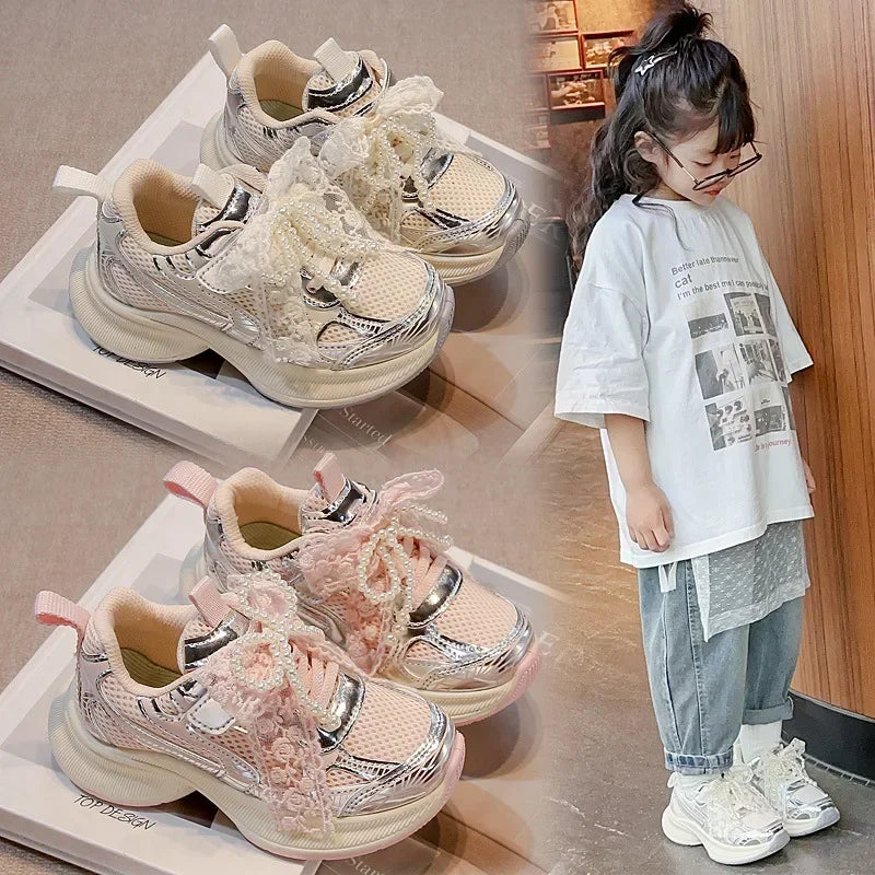 Girls Bow Mesh Sneakers