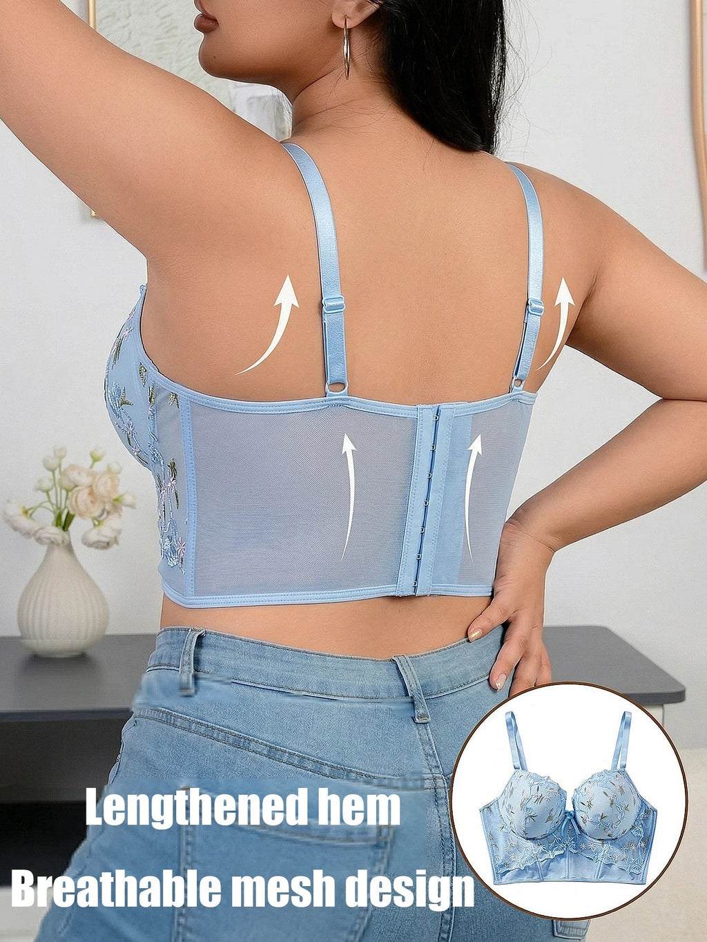 Floral Embroidery Longline Support Bra