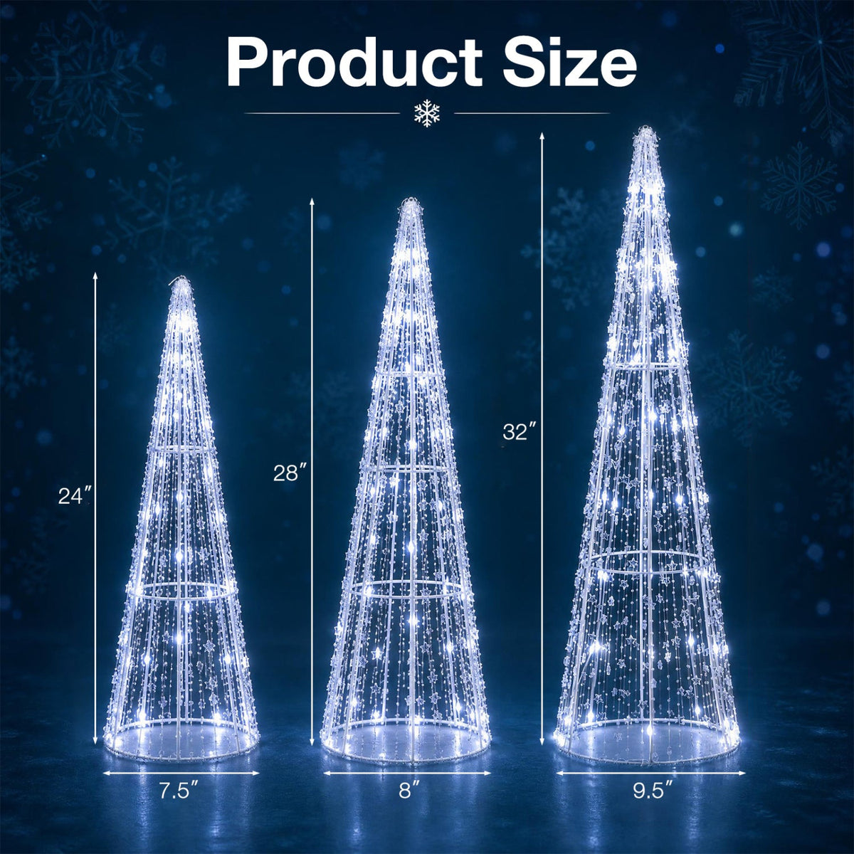 Set of 3 Pre-Lit Christmas Cone Trees
