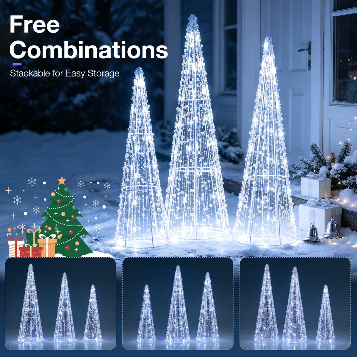 Set of 3 Pre-Lit Christmas Cone Trees