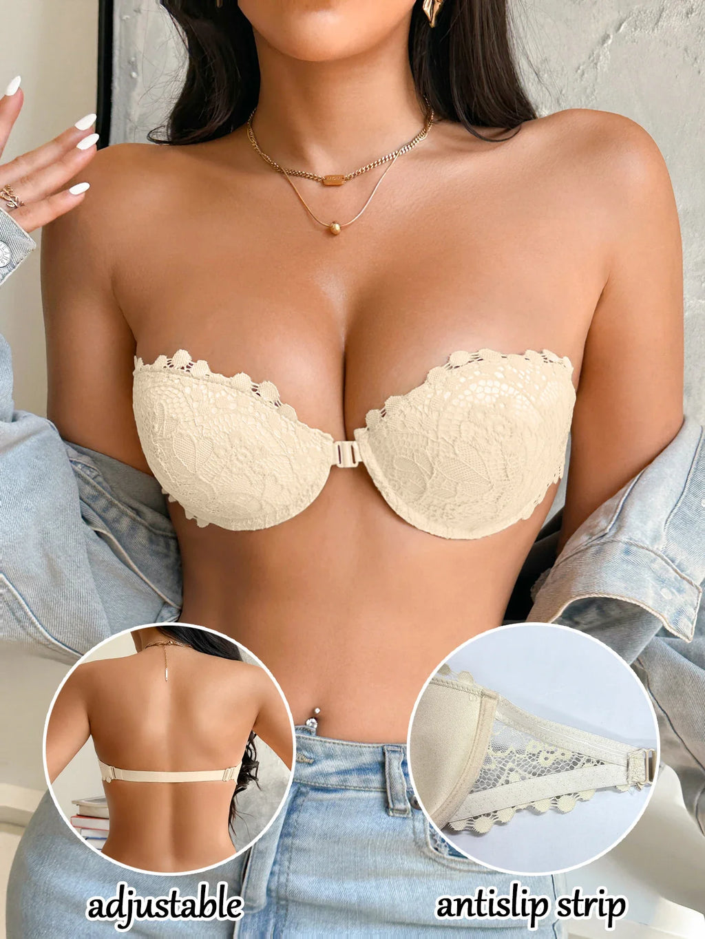 Lace Strapless Front-Clasp Push-Up Bra